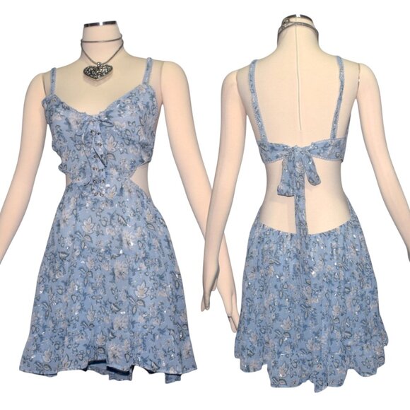 SABO LUXE Haven Dress Blue Floral Lace Up Summer Sundress L - Picture 1 of 6